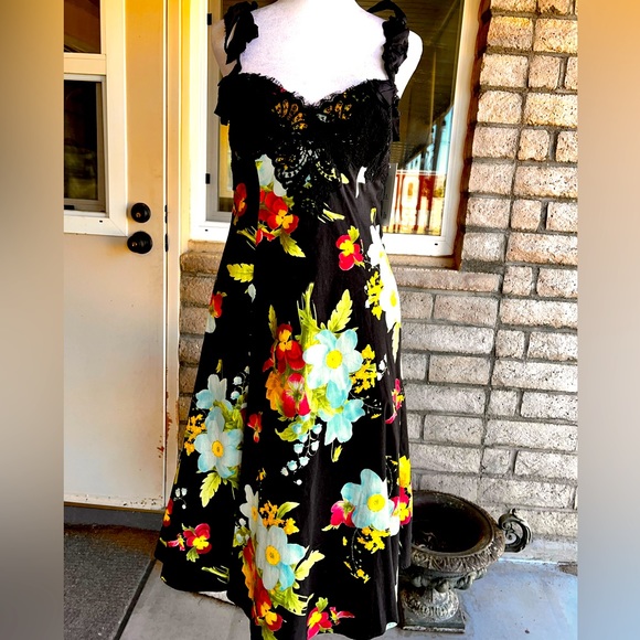 RICKIE FREEMAN for TERI JON Black Floral Print  Cotton Dress Black Lace 4 NWT - Picture 9 of 16